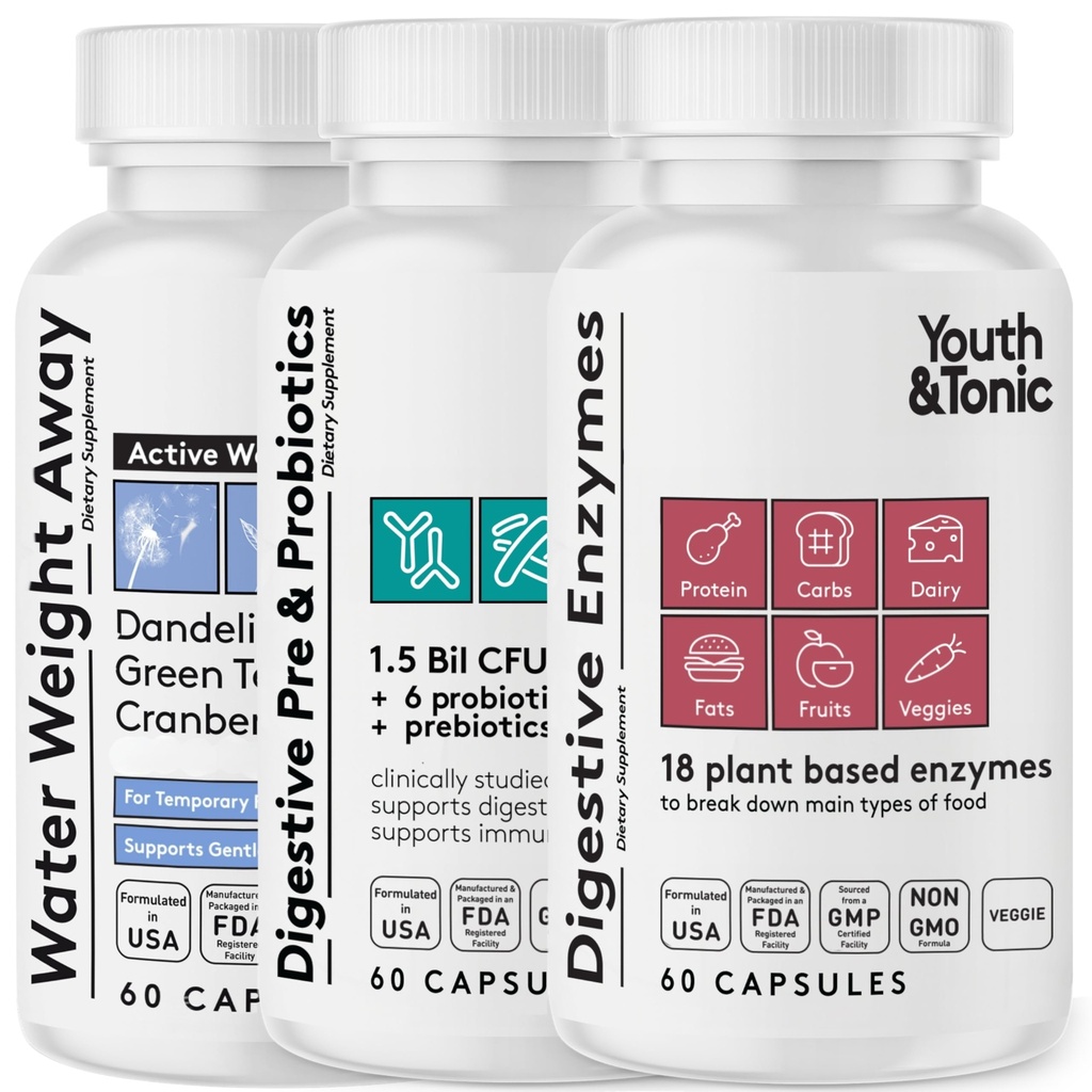 Jeugd & tonic Bloating Relief with Pre and Probiotics for Water Retention, Occasional Constipatie, of Food Digestie met Water Pillen en Digestieve Enzymes Bundle Pack