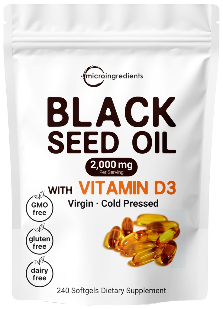 Micro Ingrediënten Black Seed Oil 2000 mg met vitamine D3 1000 IE, 240 Softgels 