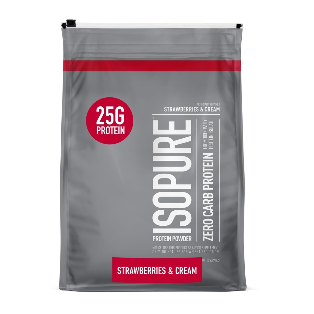 Isopure Zero Carb 100% pur poudre de protéines de lactosérum, sans gluten, avec vitamines, fraises et crème, 25g de protéines par portion, 7,5 Lb, 110 portions (paquetage mai vary)