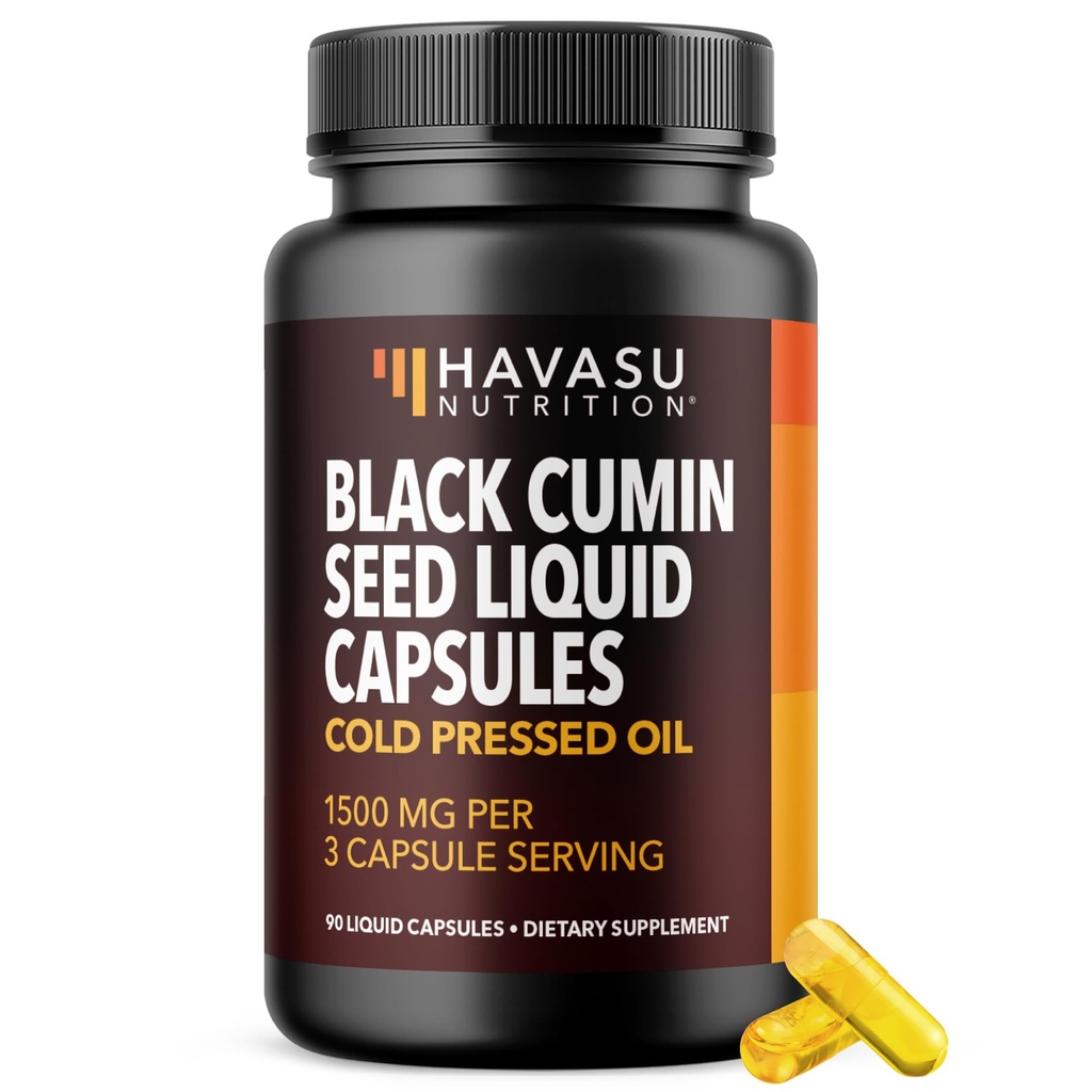 Capsules d'huile de graines noires pressées à froid - Supplément Cumin noir de 1500mg pour la fonction immunitaire, le soutien digestif et la santé globale - Cheveux et la peau Superfood - Nigella Sativa - 1 mois d'approvisionnement, non aromatisé