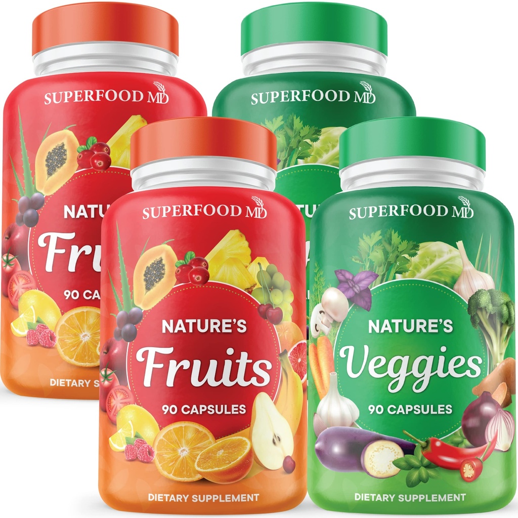 Superfood 180 Fruit en 180 Veggie Capsules - Whole Food Natural Superfoods - Maintain Energy Levels, with Aloë Vera - Soy Free (90 Count (Pack of 4)