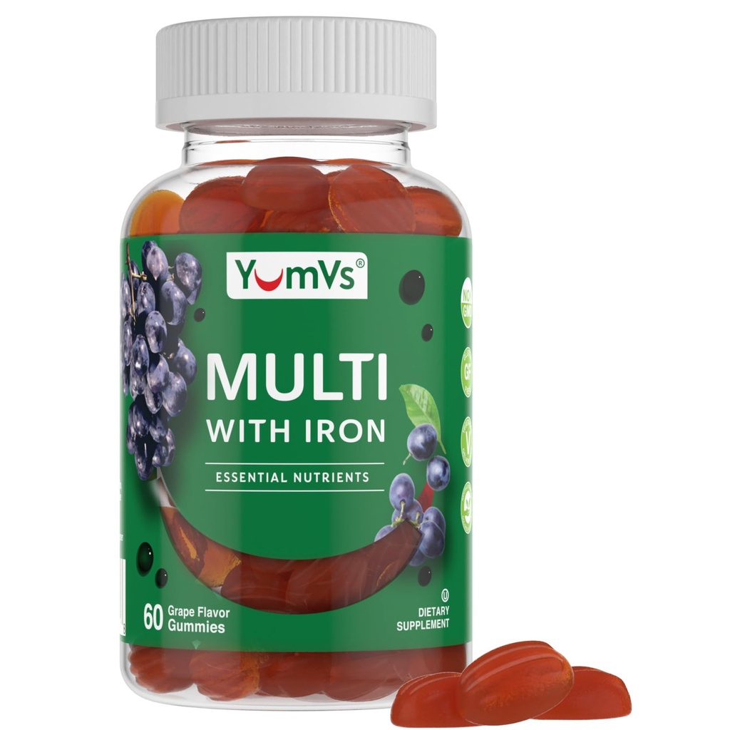 Gommies de fer YUM-V - Supplément de fer multivitamine avec vitamine C, A, B & Zinc, soutient l'oxygène du sang, suppléments végétaliens pour les femmes, les hommes et les enfants pour la croissance et le développement - Flaveur de raisin