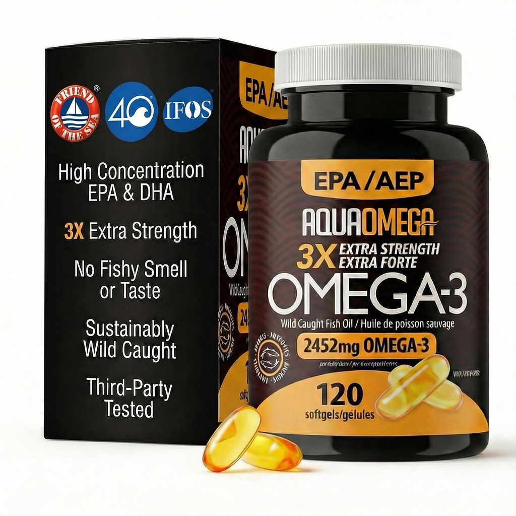 Triple Strength Omega 3 Visolie Supplementen, Hoge EPA Visolie Omega 3 Supplementen, EPA en DHA Omega3 Vetzuren met Vitamine D, Hoge Potentie Omega3 Supplement, 120 Softgels, Unflavored