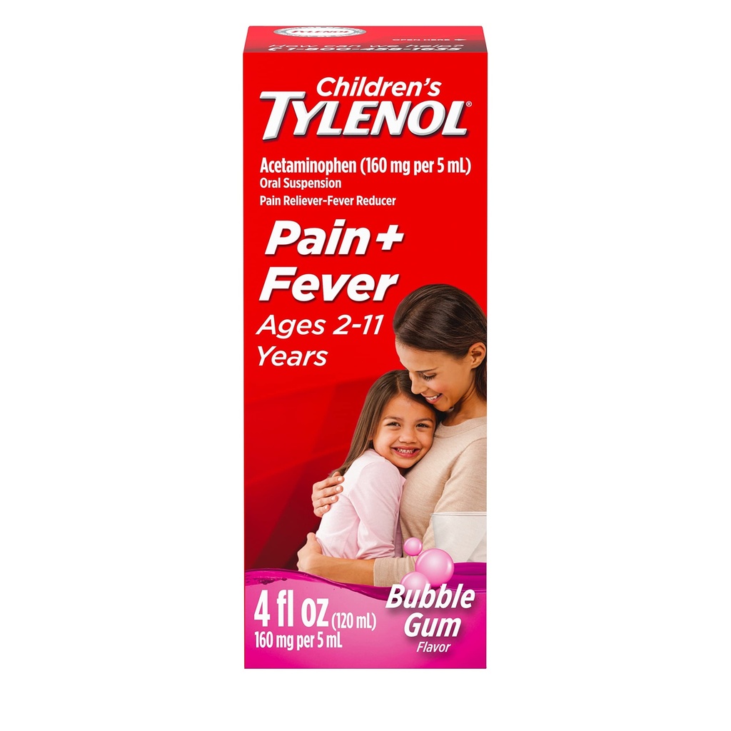 Tylenol pour enfants Suspension buvable, remède liquide pour enfants Réducteur de douleur et de fièvre pour les symptômes du rhume et de la grippe, Aspirine-, Ibuprofène- et sans alcool, Bubble Gum, 4 fl. oz