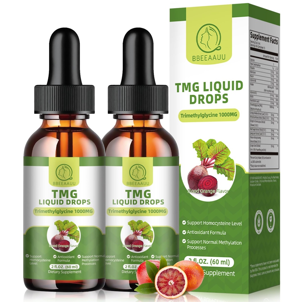 Suppléments TMG 1000MG - Triméthylglycine Liquid Drops, Betaine High Absorption, soutient la méthylation, le bien-être du foie et la cognition, non-OGM, végétalien, saveur d'orange de sang, 2 Fl.Oz (2 pack)
