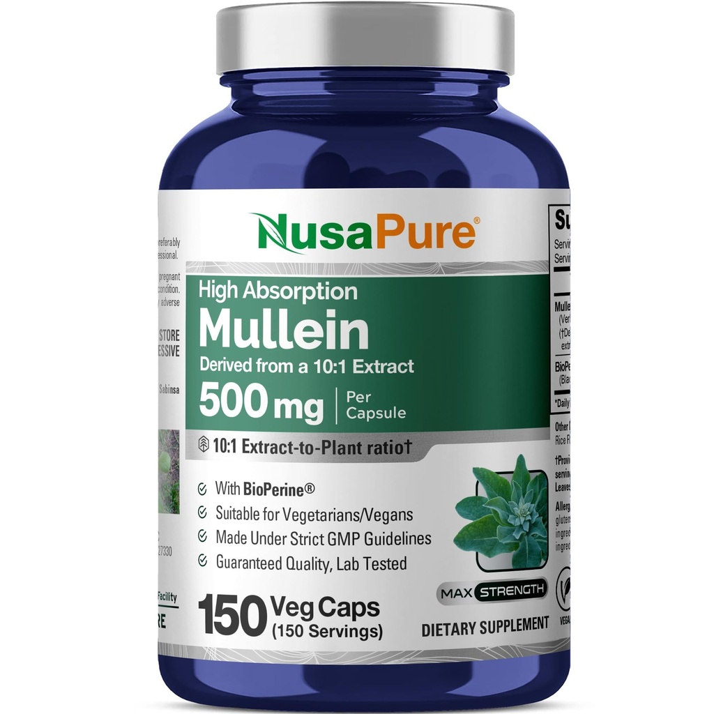 NusaPure Mullein Leaf Capsules, 500 mg, 150 Veg Capsules (Non-GMO, Vegan)