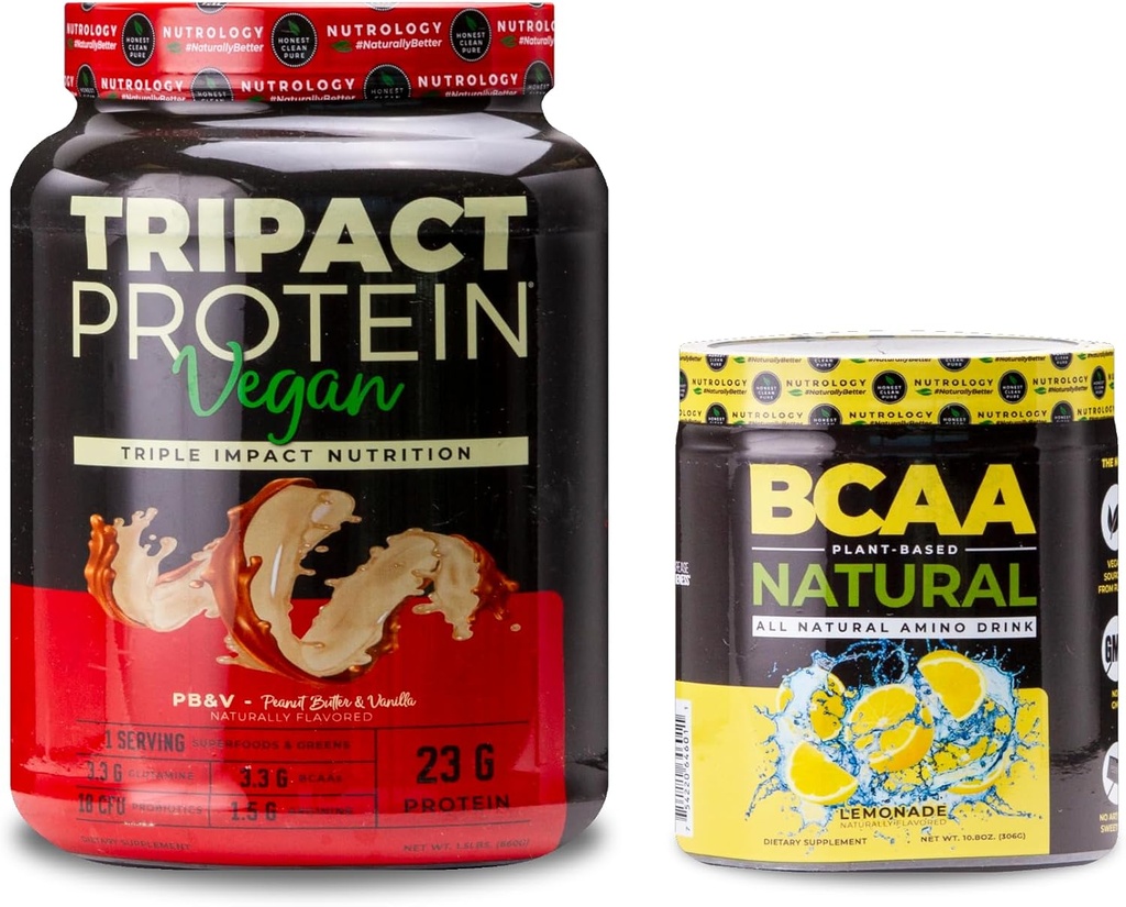 Nutriologie TRIPACT Poudre de protéines végétaliennes, pour les shakes de protéines végétaliennes, Vanille de beurre d'arachide (20 portions) BCAA Poudre naturelle à base végétale BCAA, Limonade Saveur (30 portions)