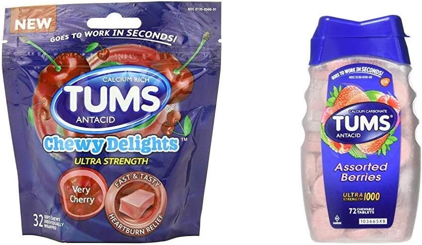 Tums Chewy Delights Zachte Kauwen, Zeer Cherry, 32 count & Tums Ultra sterkte 1000 Antacida, Assorted Bessen, 72 tabletten