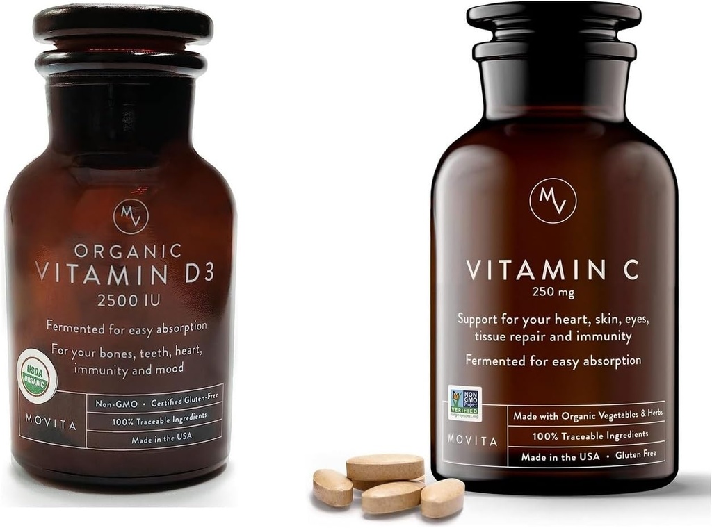 Movita Organic Vitamin D3 2500IU, Bottle Fermented Vitamin C 250mg Bottle