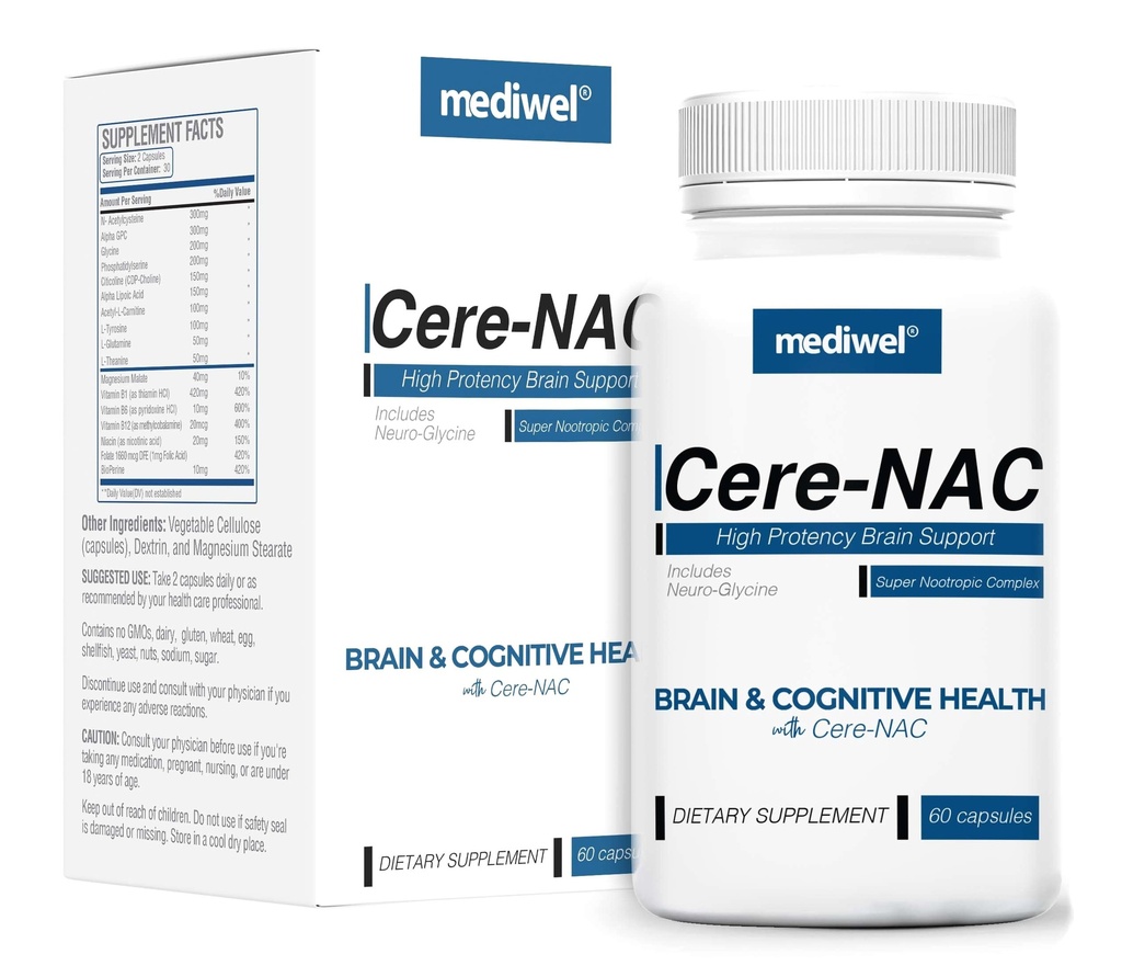 Cere-NAC Advanced Brain Supplement - Cognitive & Mental Clarity Support - NAC, Glycine, Alpha GPC, Citicoline (CDP-Choline), L-Theanine, Phosphatidylserine, Alpha Lipoic Acid - Made in USA