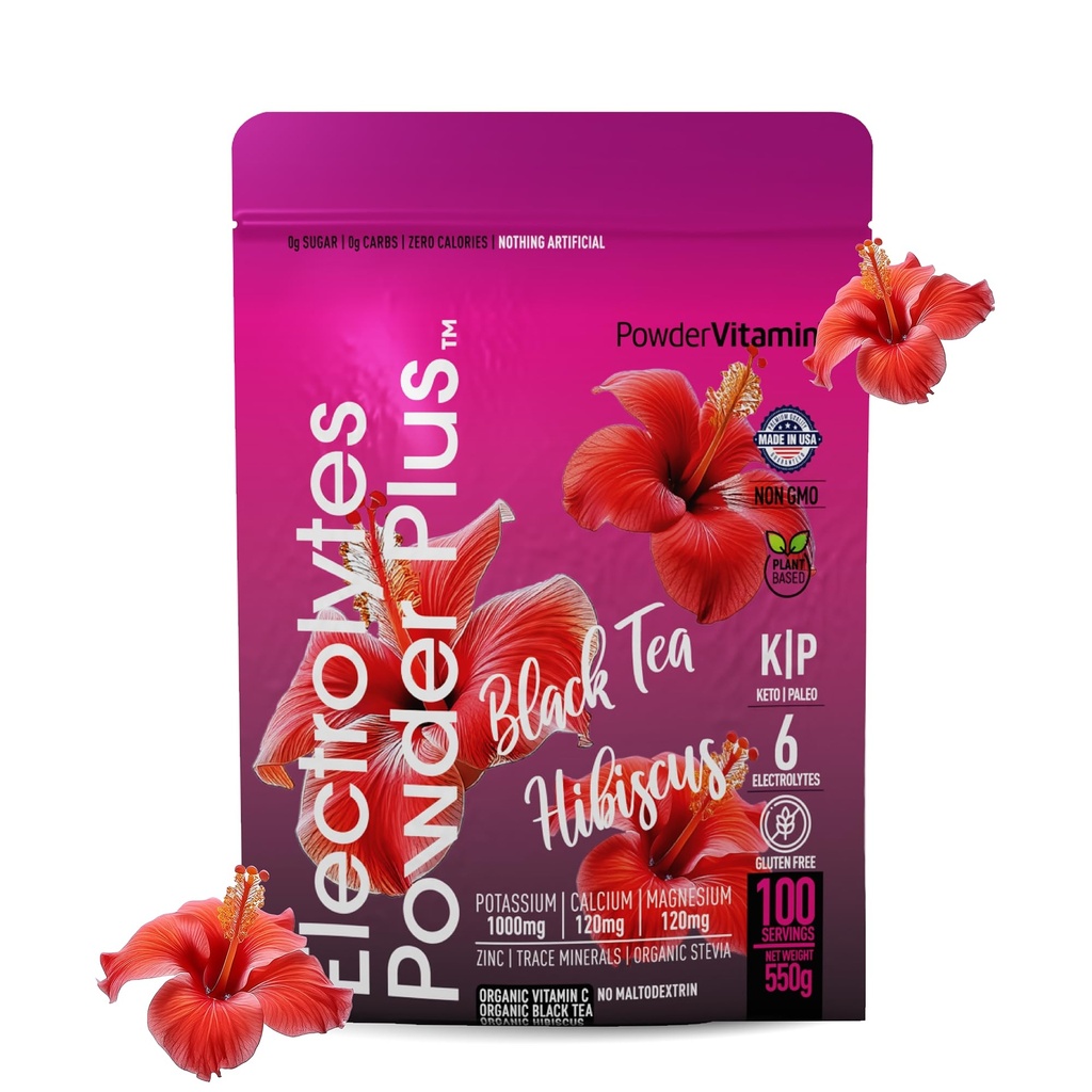 PoederVitamine Elektrolyten Poeder Plus (100 porties) Zwarte thee Hibiscus Electrolyte Poeder Keto, Suikervrij, Roze Himalaya Zout,1000mg Kalium,120mg Calcium,120mg Magnesium, Hydratatiepoeder
