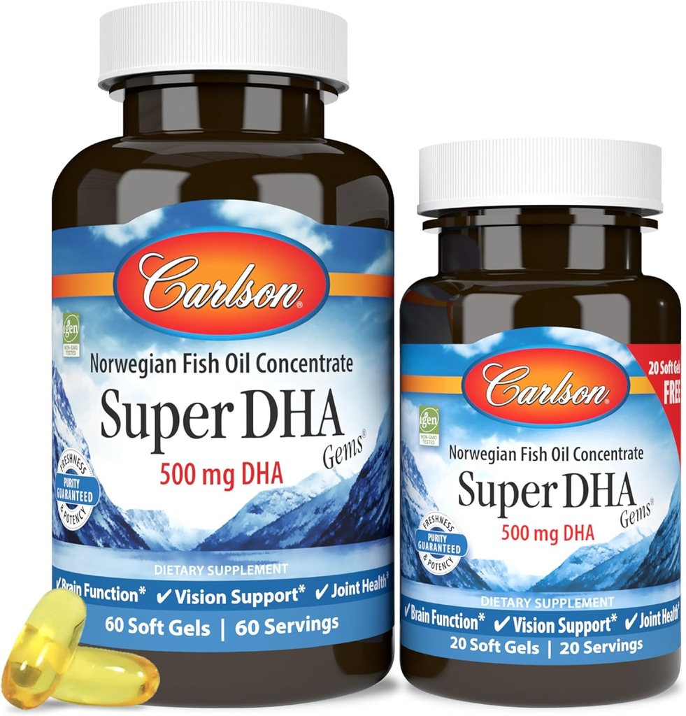 Carlson - Super DHA Gems, 500 mg DHA Supplementen, 640 mg Vetzuren, Wild-Caught Norwegian Arctic Fish Oil Concentration, Sustainablely Sourced Nordic Fish Oil Capsules, 60+20 Softgels