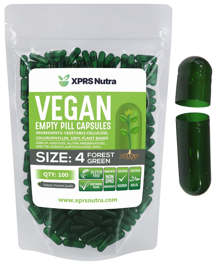 XPRS Nutra Taille 4 Capsules vides - 100 Compter Capsules Vegan vides petites - Bricolage Gélule végétale Remplissage - Remplir Do-I-Youggie Pill Caps pour Suppléments (Vert Forest)
