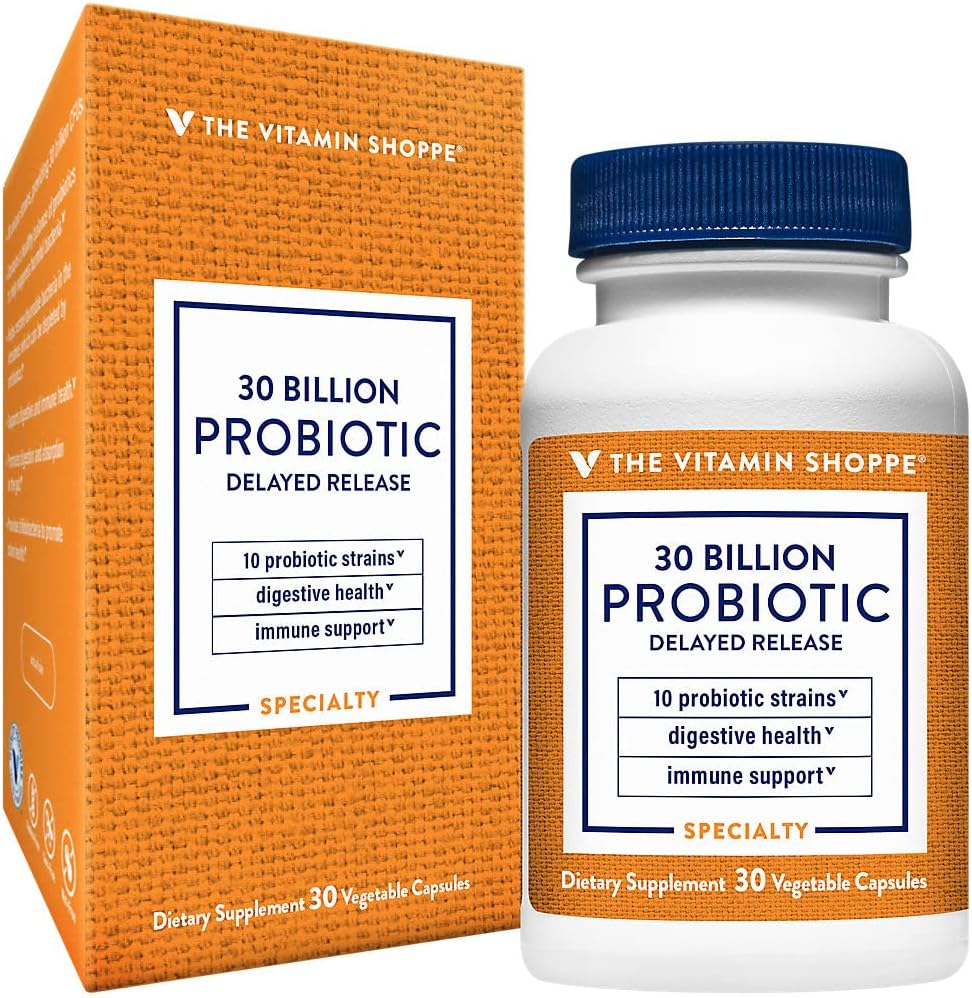 The Vitamin Shoppe Probiotic Delayed Release 30 Miljard - met 10 Probiotische Strains om Digestieve, Immune & Vaginale Gezondheid of Gist Onbalans - Plank Stable (30 Veggie Caps) te ondersteunen