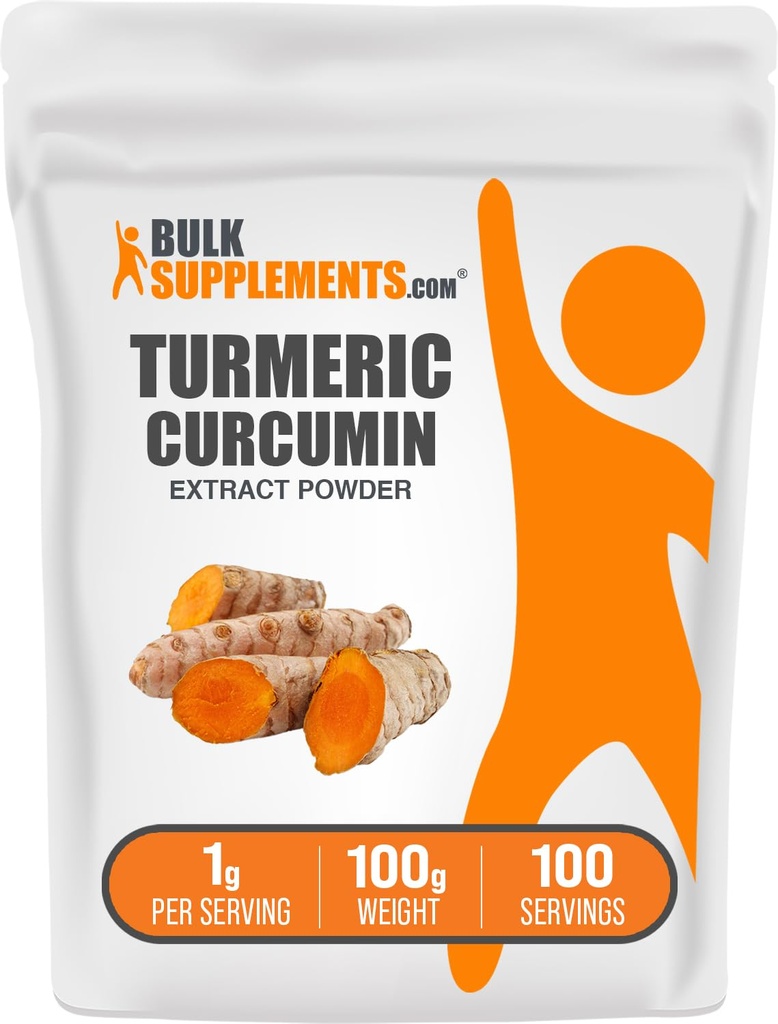 BulkSupplements.com Poudre d'extrait de curcuma - de racine de curcuma, suppléments de curcuma, poudre de curcuma - sans gluten, 1g par portion, 100g (3.5 oz) (paquet de 1)