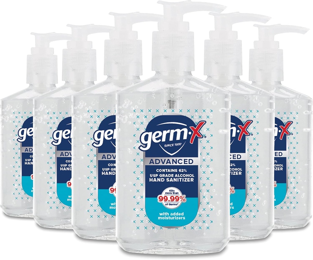 Germ-X Advanced Hand Sanitizer, Niet-drogende Moisturizing Clear Gel, Instant and No Rinse Formula, Terug naar School Supplies College, Pump Bottle, 8 Fl Oz (pakket van 6)