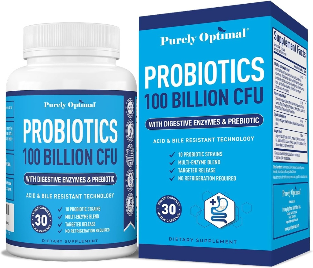 Puur Optimale Premium Probiotica (Diverse Soorten) w/Organische Prebiotica & Digestieve Enzymen (30 Tellen (pakket van 1), 100 Miljard CFU)