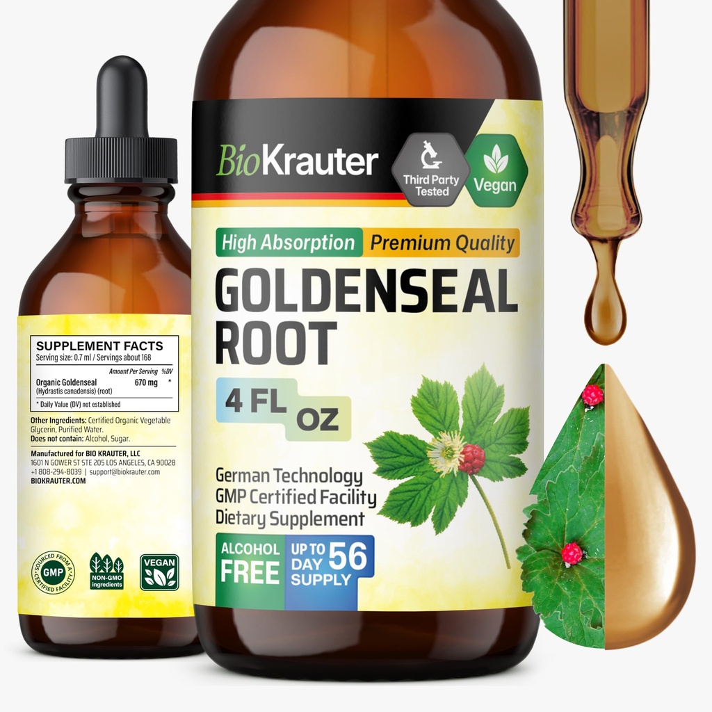 BIO KRAUTER Goldenseal Tinctuur - Vegan Lung Cleanse & Detox - Golden Seal Herb Supplement - Alcohol & Sugar Free Drops - 4 Fl.Oz.