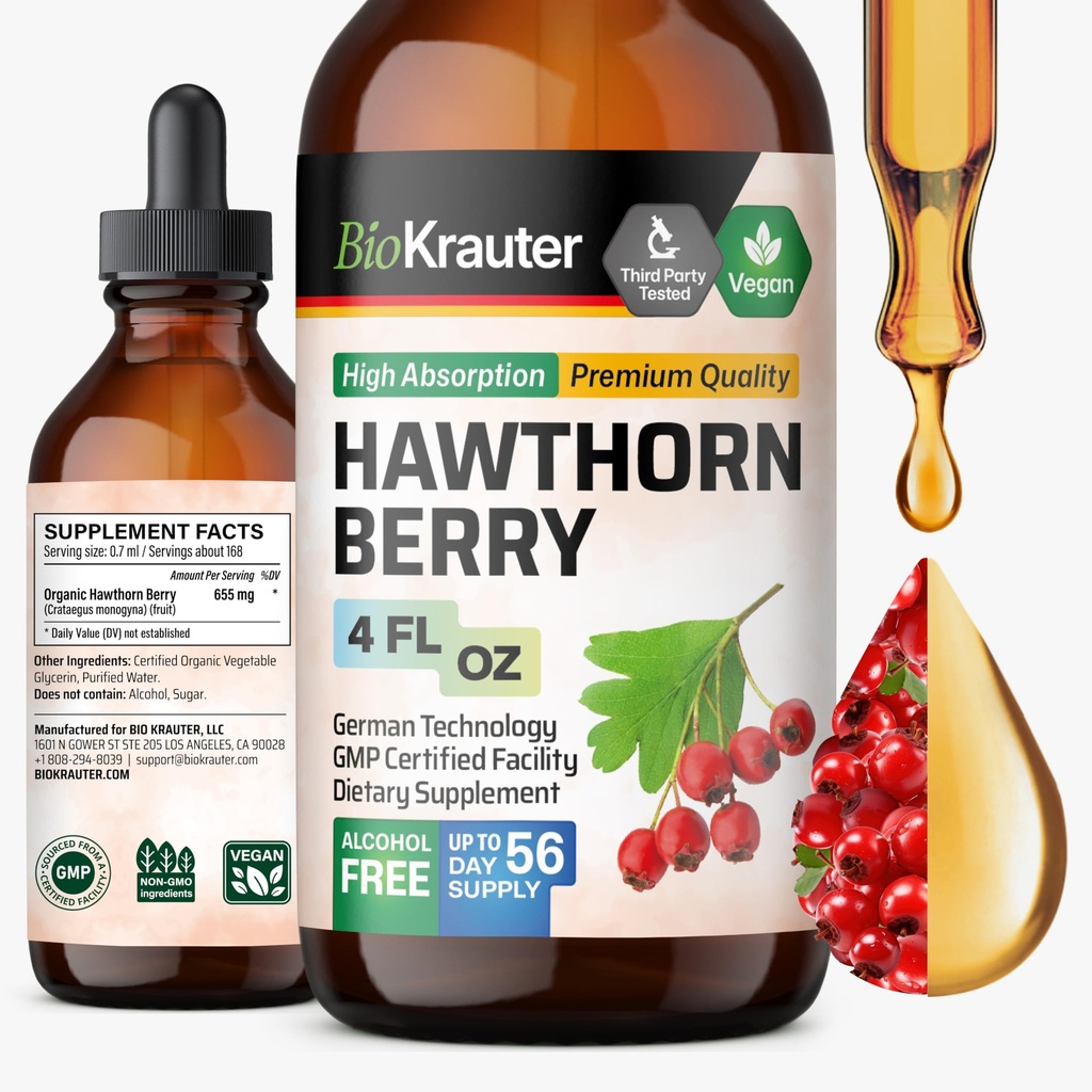 BIO KRAUTER Hawthorn Berry Extract Tinctuur - Natural Hawthorne Berry Supplement - 100% Pure Formula - Vegan Sugar & Alcohol Free - 4 Fl. Oz. - 56 Day of Supply
