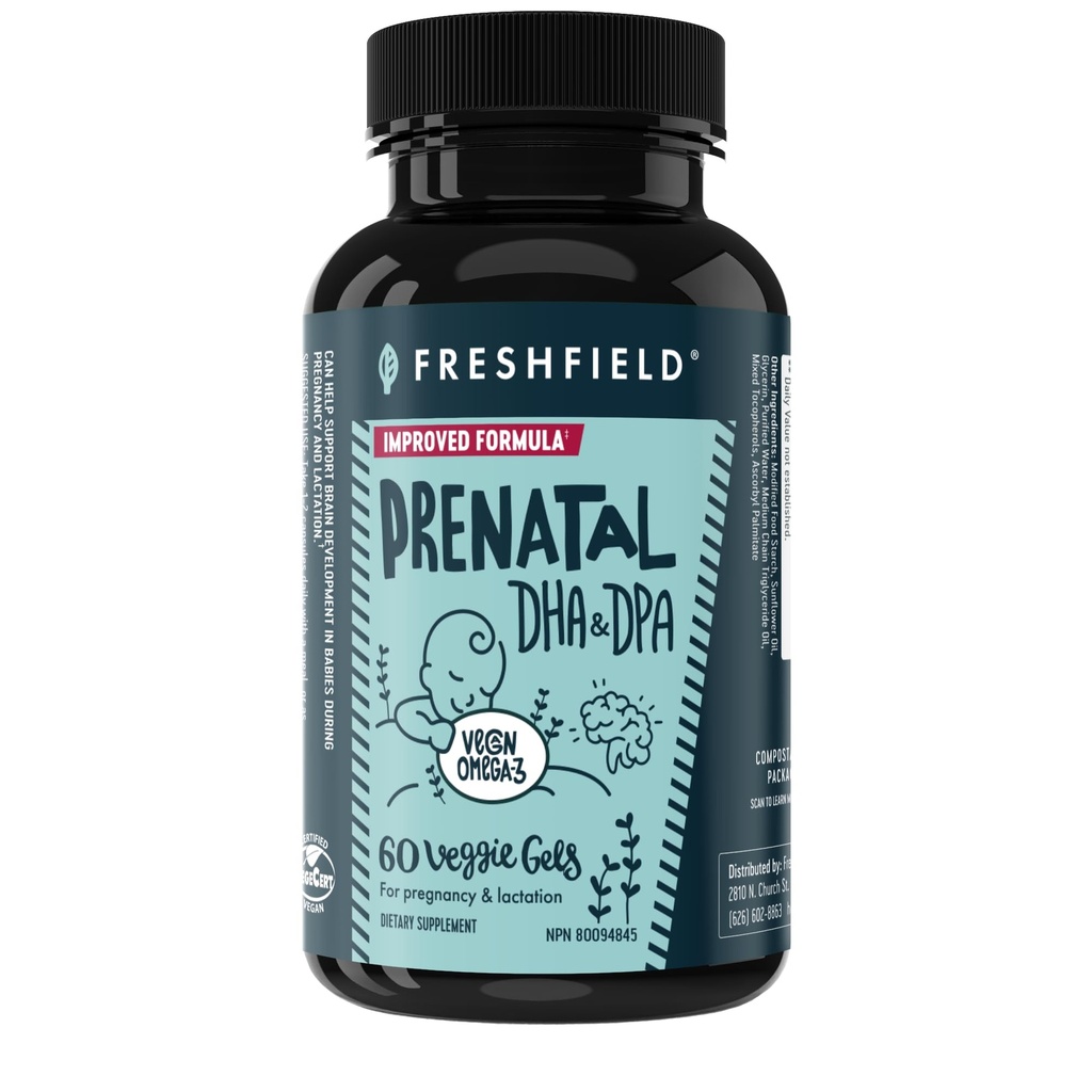 Freshfield Prenatal Vegan Omega 3 DHA: Sustainable, Carrageen Free, Third Party Tested, Compostable Bottle, Carbon Neutral. Ondersteunt hart, hersenen, gezamenlijke gezondheid w/DPA