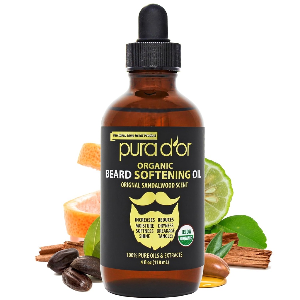 PURA D'OR 4 Oz ORGANISCHE Baard Softing Oil - Original Sandalwood Scent - Leave-in Conditioner, Argan & Jojoba Oil - Snorverzorging en onderhoud, verhoging zachtheid en sterkte - Baardhaar, huid en gezicht