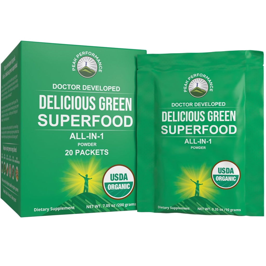 Peak Performance Biologische Groenen Superfood Poeder Single Serve Travel Packets. Best Proef Biologische Groene Sap Super Food met 25+ Alle natuurlijke ingrediënten voor Max Energy. (20 Pack)