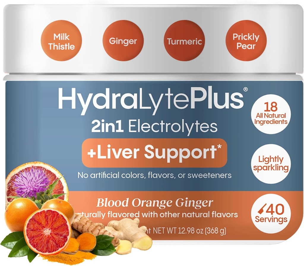 Hydralyte Lever Ondersteuning + Electrolyte Mix met melkdistel, Kurkuma, Gember, Prickly Pear, Green Tea Extract Geformuleerd voor snelle rehydratie, (Blood Orange Ginger, 40 Serve Tub)