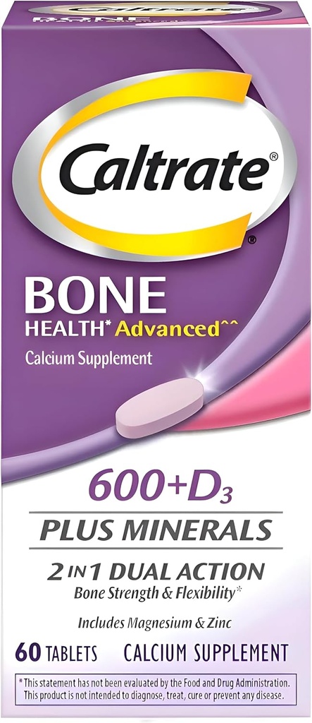 Caltrate 600+D3 Plus Mineralen Calcium en Vitamine D Supplement Tabletten, Bot Gezondheid en Mineraal Supplement voor Volwassenen - 60 Tellen