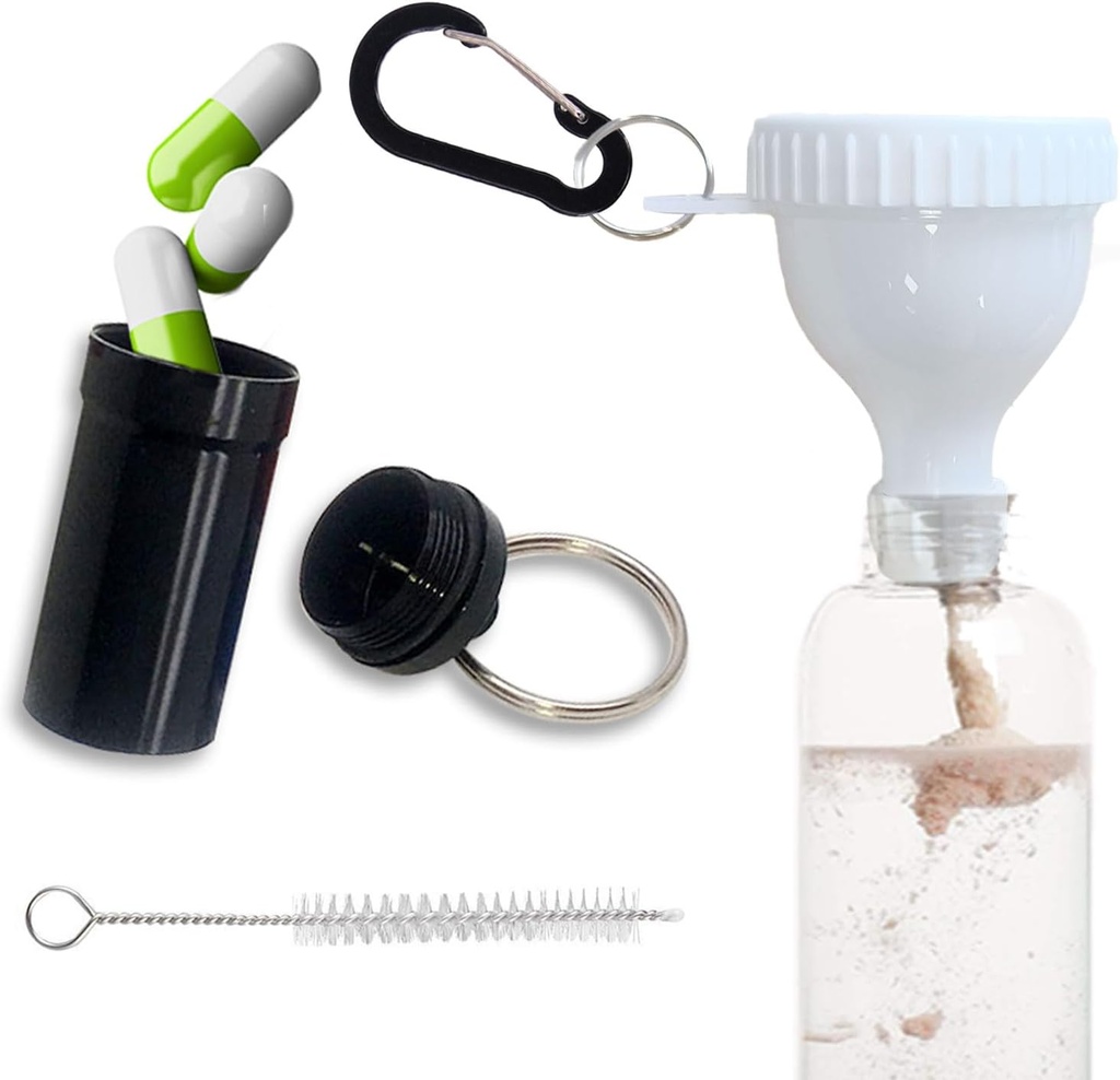 Entonnoir de poudre de protéines Ensemble de poudre de protéines de voyage Blanc avec 1 mousqueton 1 pinceau et 1 mini boîte à pilules de poche renforcée pour prévenir les déversements Gym supplément de pré-entraînement en poudre entonnoirs