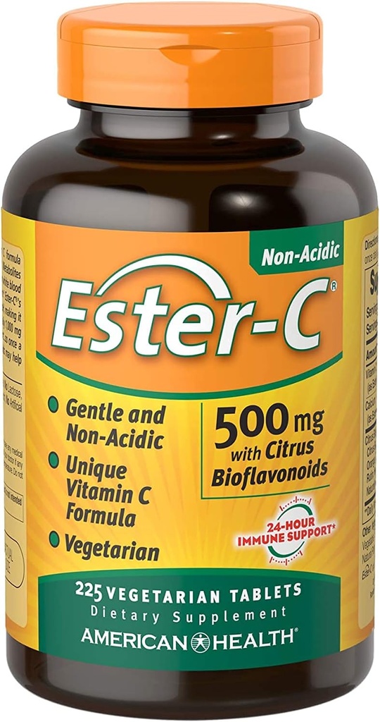 Ester-C American Health with Citrus Bioflavonoïdes Comprimés végétariens, soutien immunitaire 24 heures sur 24, doux sur l'estomac, vitamine C non acide, non-OGM, sans gluten, végétalien, 112 portions, 500 mg, 225 Compte