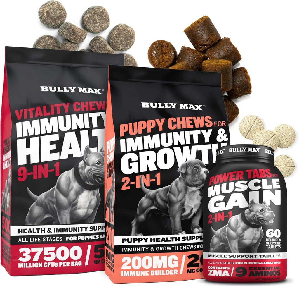 Bully Max Dog Vitality Chews, Muscle Builder Tabs (60 onglets) & Puppy Chews Bundle – Suppléments quotidiens pour chiens pour le soutien musculaire, la santé immunitaire et la nutrition complète pour les chiots, les adultes et les aînés