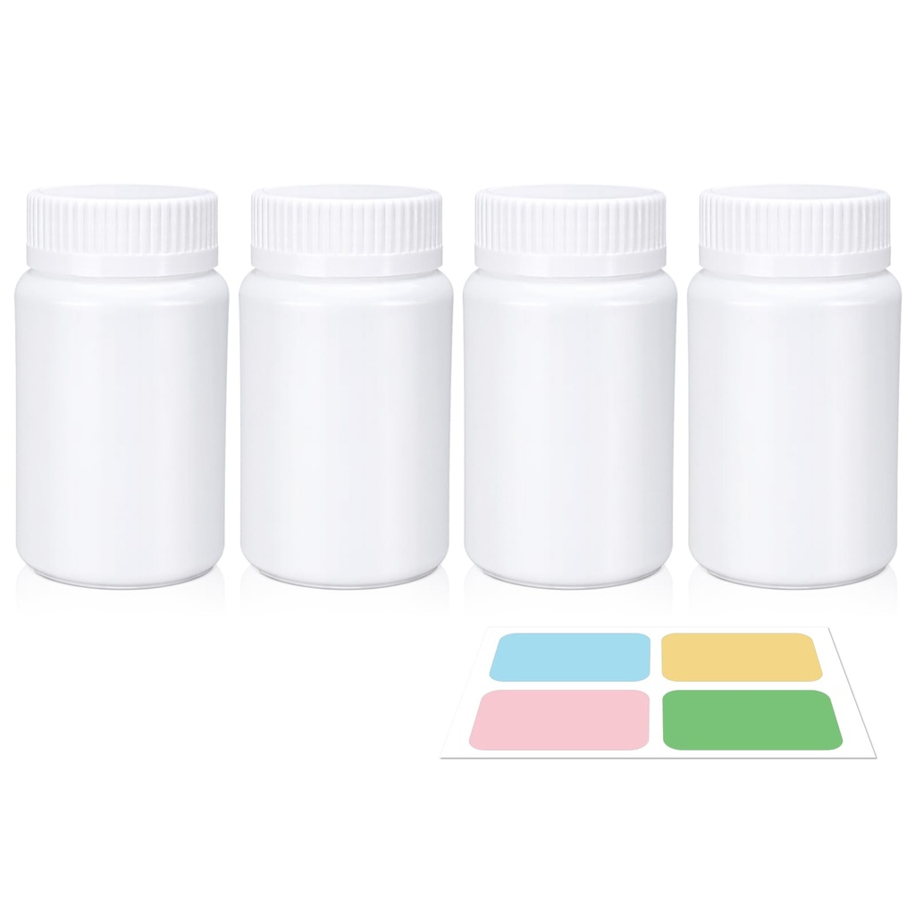 Witte pil fles, Lege medicijnen flessen met schroefdop voor pillen Capsules Vitaminen, Food Grade Plastic Medicine Containers met etiketten voor reizen (3.4oz/100ml, 4 stuks)