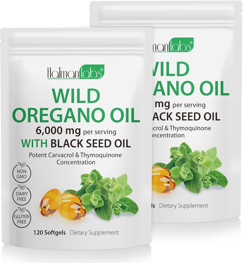 Olie van Oregano Capsules - 2 in 1 6000mg Olie van Oregano met Zwarte Zaadolie 200mg - Oregano Oil Supplement Capsules - Digestieve Ondersteuning & Antioxidant, Niet GMO Digestieve Ondersteuning (2 Pack)