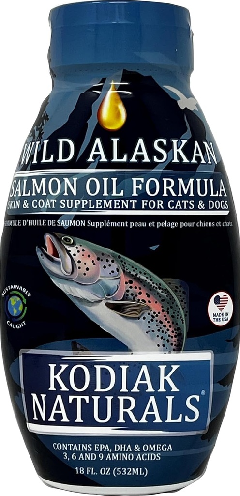 18oz Wild Alaska Salmon Oil Formula for Dogs & Cats, a Balanced Blend of Pure Fish Oils with EPA and DHA from Wild-Caught Fish. Ondersteuning voor Skin & Coat, joints en Immune Health.