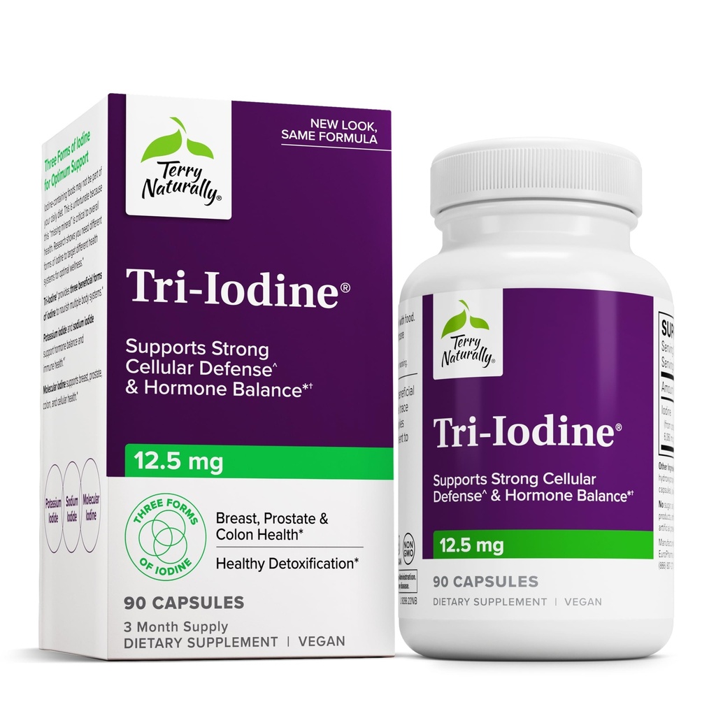 Terry naturellement Tri-Iodine - Soutien à la santé thyroïde - Aide l'équilibre hormonal avec l'iode moléculaire de Kelp - Caractéristiques Iodide de potassium et iode de sodium - Soutien Cerveau et énergie - 12,5mg, 90 Capsules