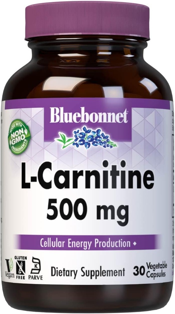 Bluebonnet Nutrition L-Carnitine 500mg, transport Acides gras*, stimule l'énergie cellulaire*, sans soja, sans gluten, non-OGM, certifié Kosher, végétalien, 30 capsules végétales, 30 portions