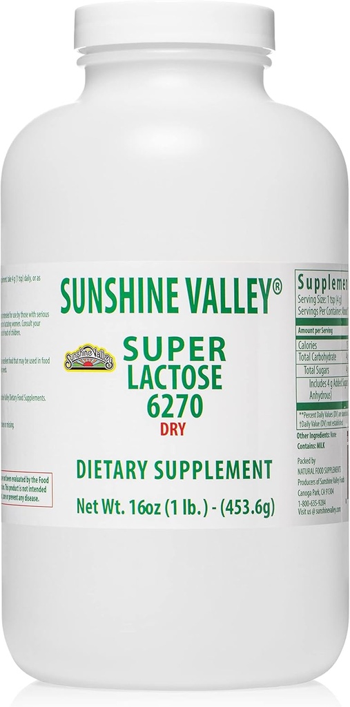 Sunshine Valley® Super Lactose Dry Powder (FREE FLOW POUR) - Natural Swetener & Baking Enhancer, poedersuiker voor koken en voedselmengsels, voedselstabilisator & Filler - 16 oz