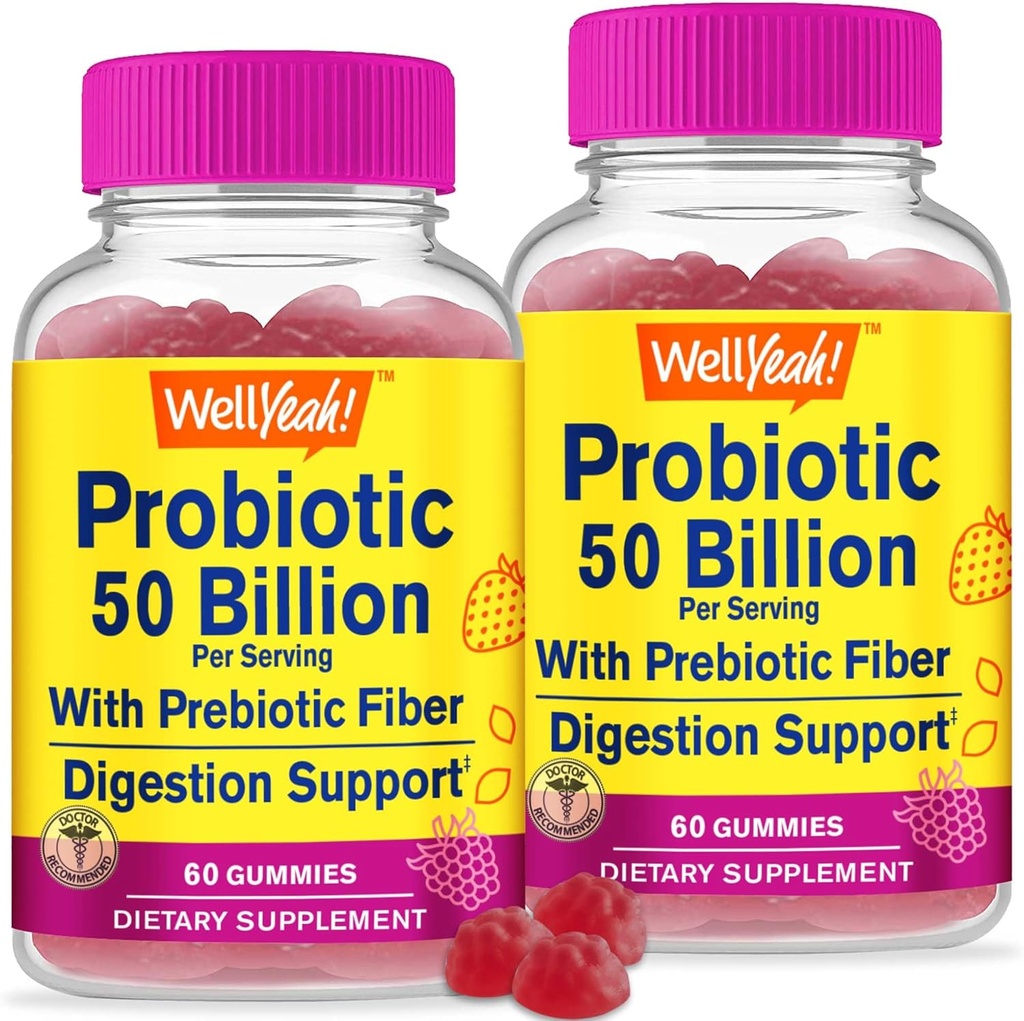 WellYeah (2 Pack 50 Miljard Probiotica + Prebiotica voor mannen en vrouwen Gummies - Digestieve Ondersteuning, Gut Health, Immune Ondersteuning Gummy - Probiotica voor de spijsvertering gezondheid met 12 Strains - 60 Gummies