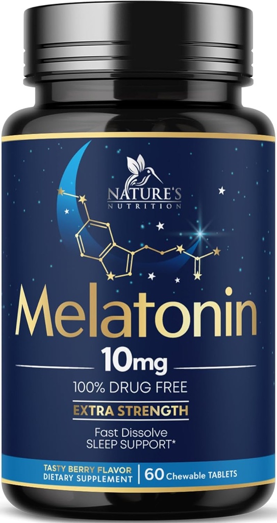 Melatonine 10mg Comprimés Dissolvés Rapides - Extra Strength, Suppléments Melatonine sans sucre pour le Soutien du sommeil reposant, Supplément de Soutien du sommeil naturel pour les adultes, Délicieux goût de fraise, 60 comprimés