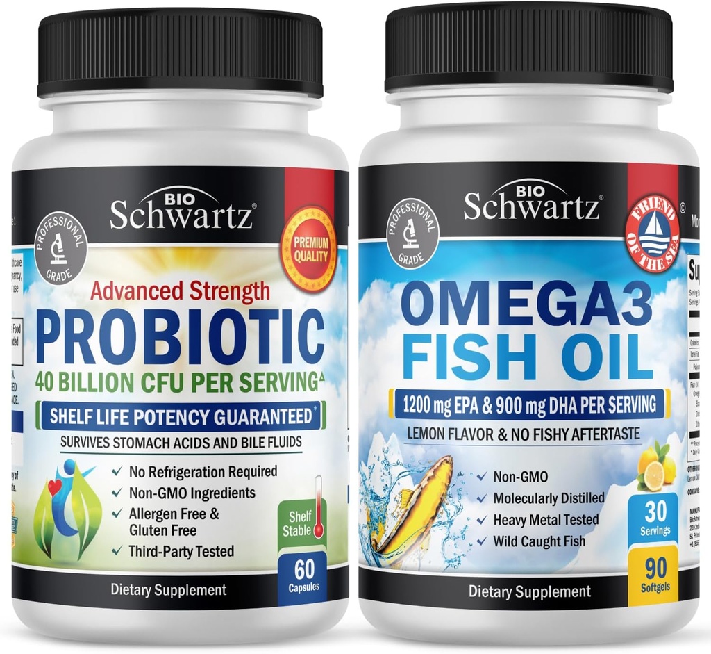Triple Strength Omega 3 Fish Oil Softgels (1 maand levering) Plus 40 miljard CFU Dagelijkse Probiotische Supplement (1 maand levering)