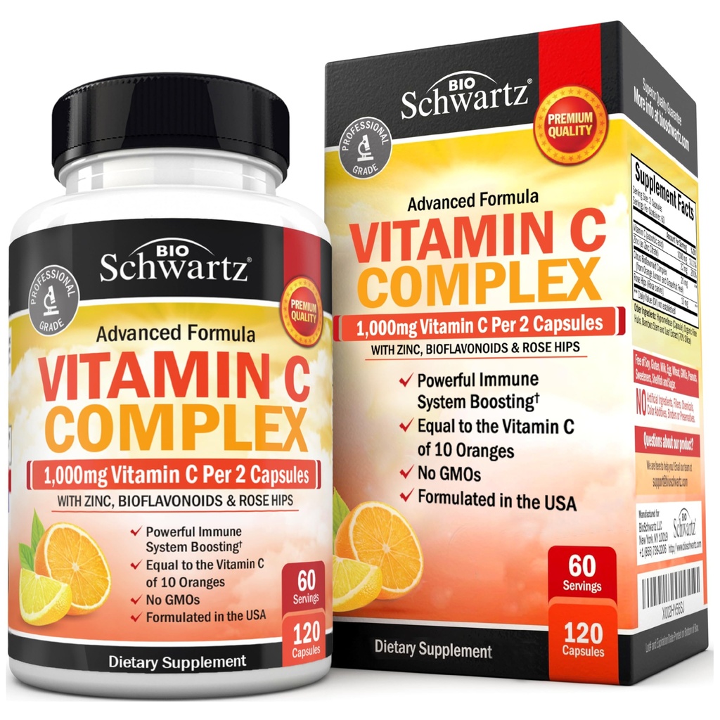 Supplément complexe de vitamine C de BioSchwartz - Capsules de vitamine C de 1000mg avec du zinc et des agrumes de Rose HIPS Bioflavonoïdes pour la santé immunitaire, énergie cellulaire, production de collagène, 120 Compte (60 jours d'approvisionnement)