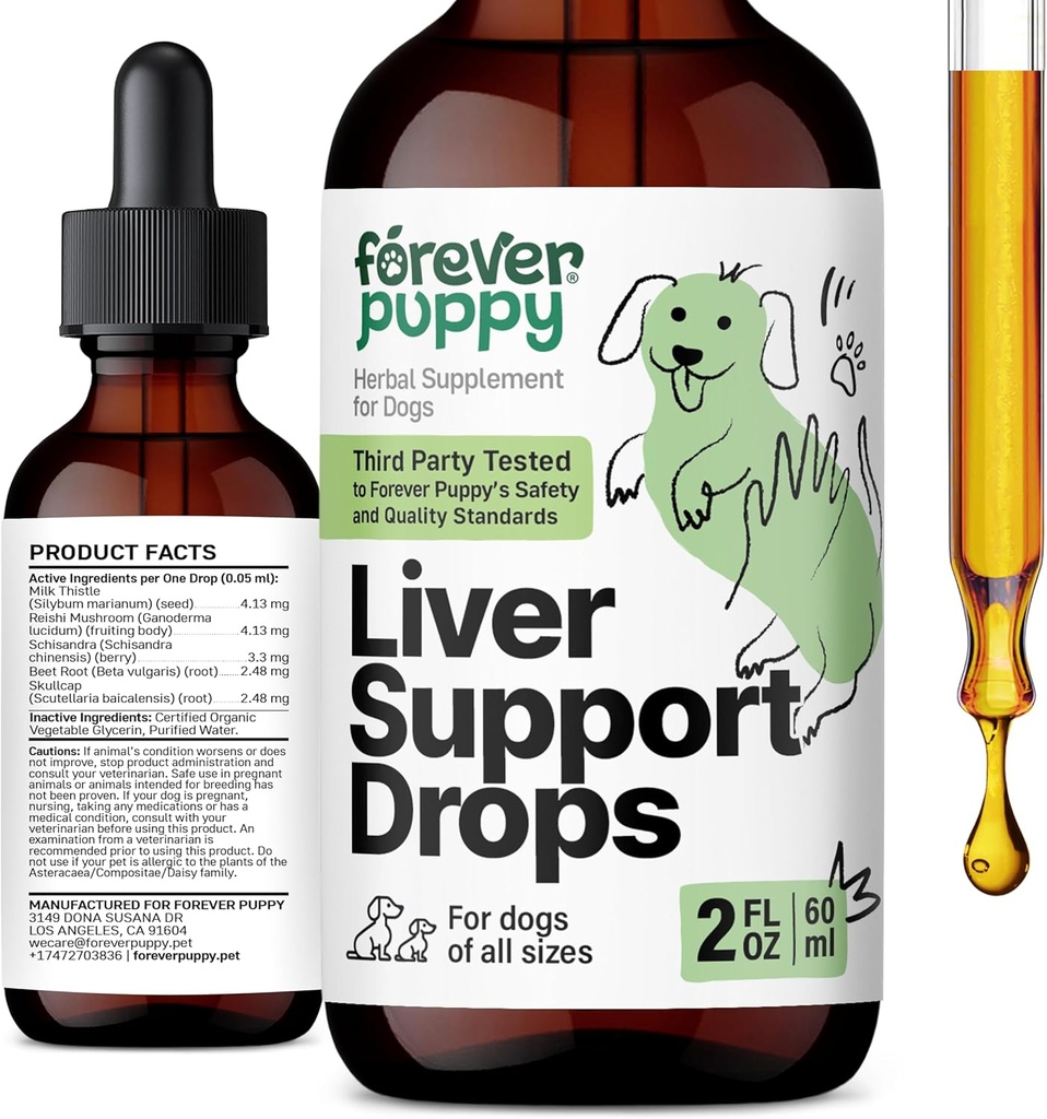 Forever Puppy Lever Ondersteuning Drops voor honden - Melkdistel Supplement voor honden - Lever Reiniging Detox Drops w/Liquid Silymarin Herb - Canine Supplements & Vitamines voor alle rassen en maten - 2 oz