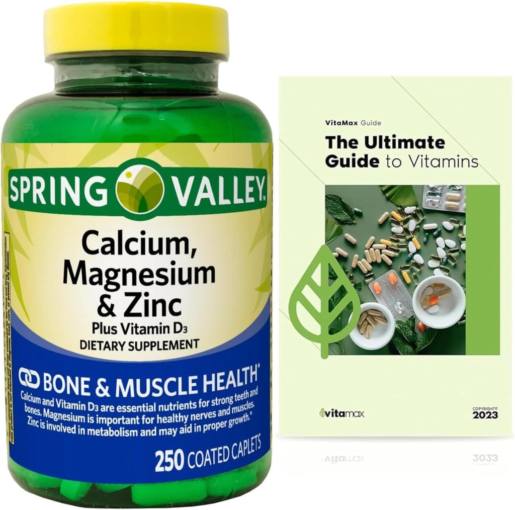 Calcium, Magnesium, Zink en Vitamine D3. Exclusieve Vitamine Gids + Spring Valley Calcium, Magnesium & Zink Plus Vitamine D3 Caplets Dieetsupplement, 250 Tellen