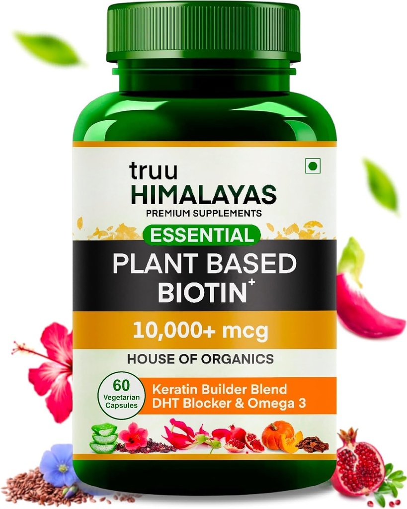 Plant-based Biotin 10000mcg voor haargroei met DHT-blokker, Keratine & Omega 3-supplement Vitals voor mannen en vrouwen - Ayurvedische voedingsstoffen voor haarval, huid en nagels gezondheid - 60 capsules