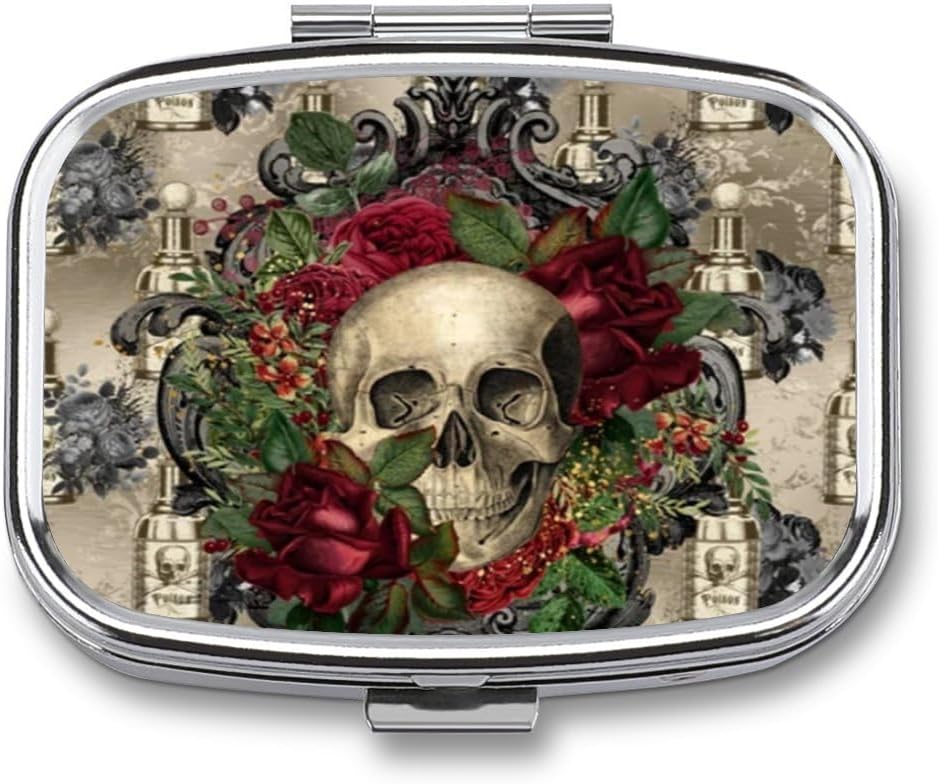 Metalen 2 Compartiment Pillen Organisator Travel Vriendelijk Portable Compact Pill Box Cute Pill Case vast te houden Vitaminen, Vissen Olie, Complementen, Meds, Tafel voor Portemonnee, Zak. (Skull)