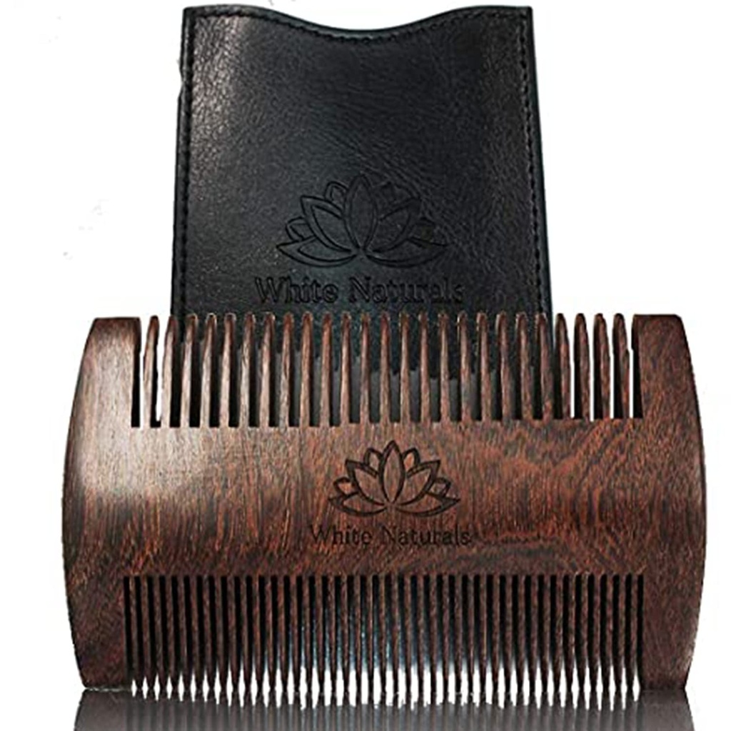 White Naturals Baard Comb voor mannen, Houten Natuurlijke Sandalwood, Fine Dual Action Tanden, Handmade Premium Sandal Wood, Perfect voor Ballen en Oliën, Inclusief PU lederen Case, Pocket Size