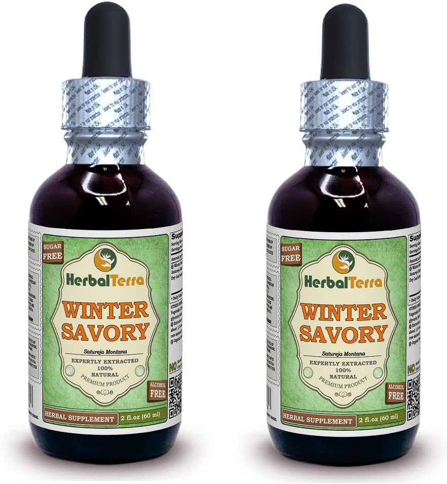 Savorie d'hiver (Satureja Montana) Glycérite, feuilles séchées organiques Extrait liquide d'alcool-FREE (Nom de marque: HerbalTerra, Fièrement fabriqué aux États-Unis) 2x2 fl.oz (2x60 ml)