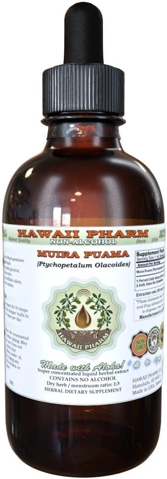 Muira Puama Alcoholvrij Liquid Extract, Biologische Muira Puama (Ptychopetalum Olacoides) Glycerite Natural Herbal Supplement, Hawaii Pharm, VS 4 oz