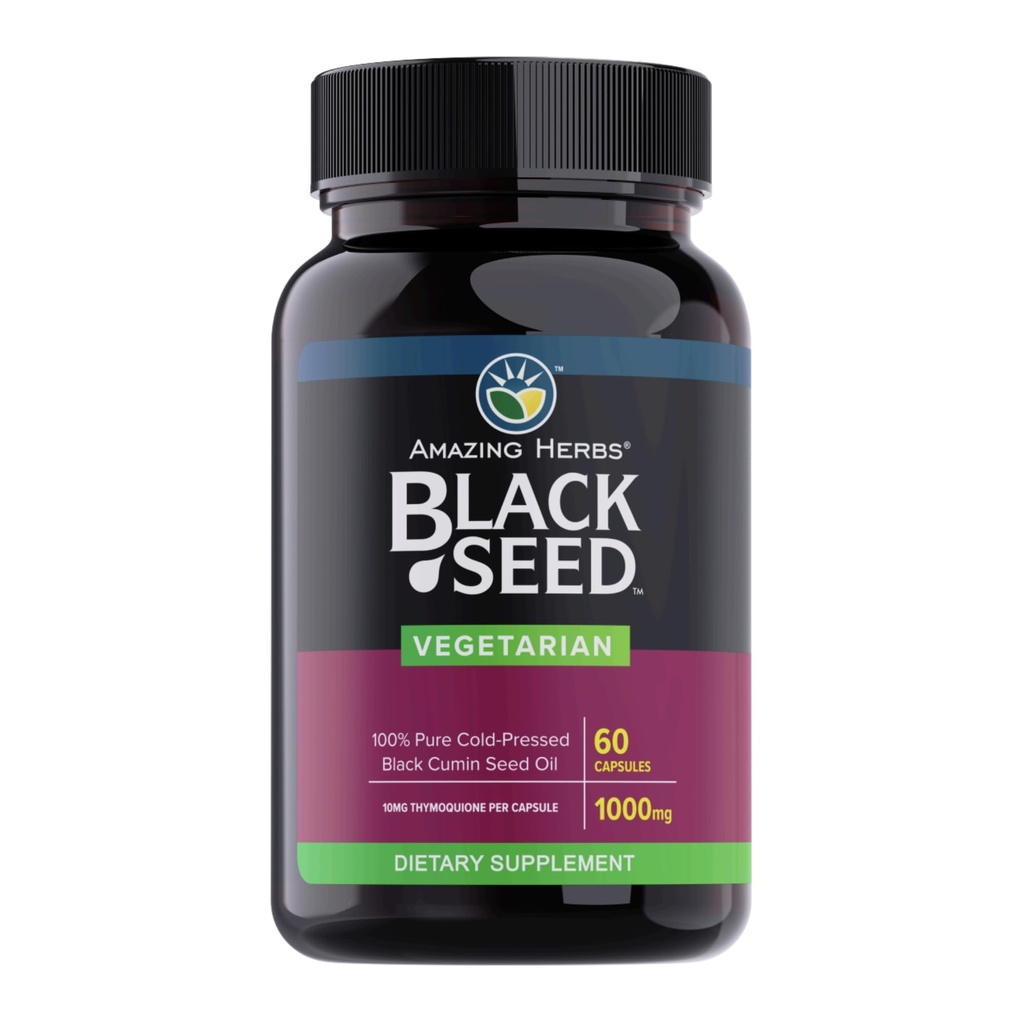 Amazing Herbs Black Seed Oil Capsules - Black Seed Oil Pills, Black Cumin Seed Oil Capsules, Supplément Nigella Sativa pressé à froid, Black Seed Oil, Non OGM, 100% Pure - 60 Capsules végétariennes, 1000 mg