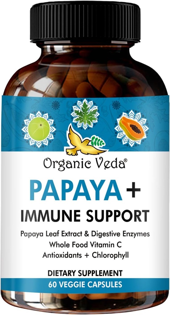 Organische Veda Papaya Leaf Plus Supplement - Bloedplaatjes Super Extract Immune Capsules met Papaya Digestieve Enzymen, Chlorofyl, Grape Seed Extract, Vitamine C - Bone Marrow & Gut Health - 60 ct